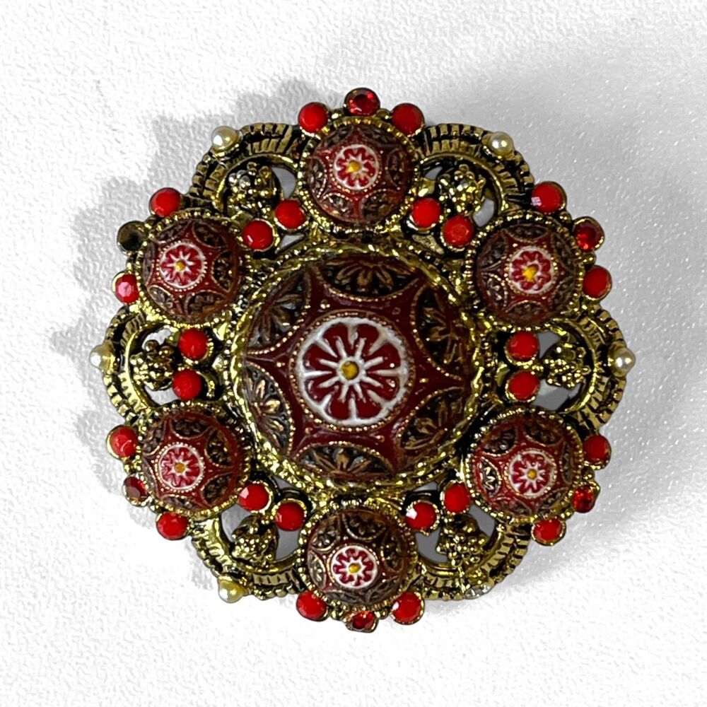 Vintage Moroccan Matrix Brooch Pin Gold Tone Red Cabochon Round Floral Jewelry